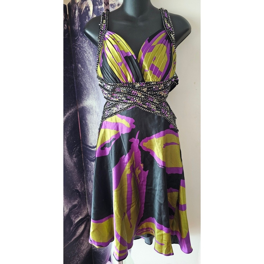 Dave & Johnny Purple Lime Green Sequin Cutout‎ Racerback Cocktail Dress 11/12